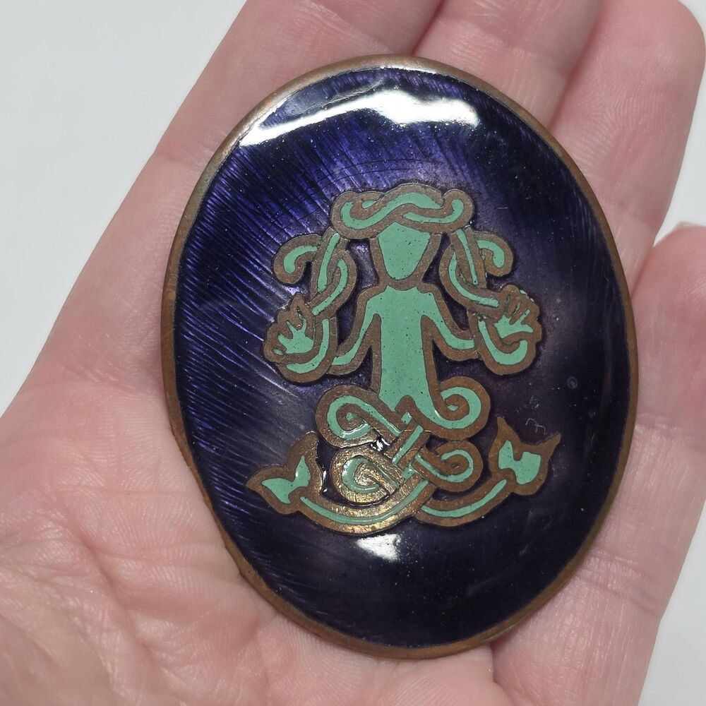 John Leman Mermaid Enamel on Copper Celtic Brooch Scotland Vintage 1970s Purple